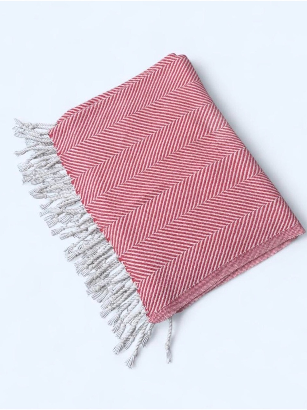Brahms Mount Luxury Cotton White & Coral Herringbone Costa Throw Blanket Fringe